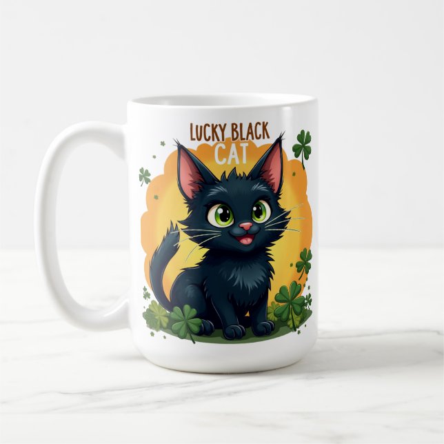 Lucky Black Cat: St. Patrick's Day Clover & Coins  Coffee Mug (Left)
