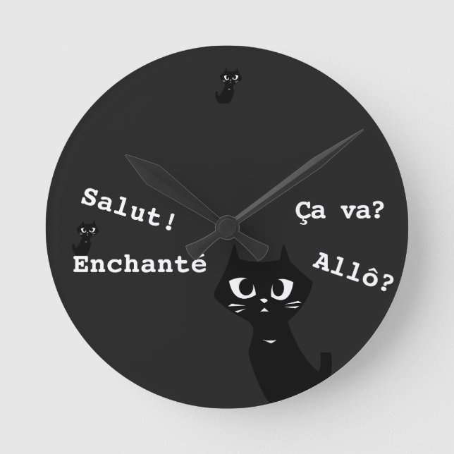Lucky Black Cats Greeting in French Round Clock (Front)
