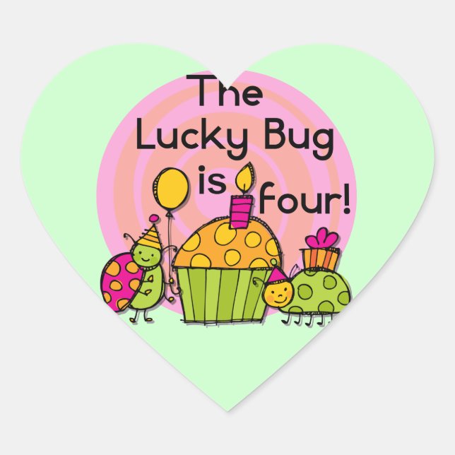 Lucky Bug Cupcake 4th Birthday T-shirts and Gifts Heart Sticker (Front)