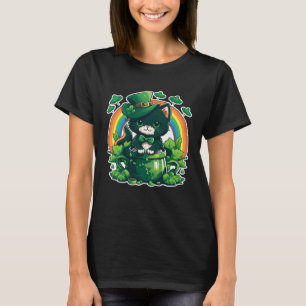 Lucky Cat and Pot Rainbow Shamrock St Patrick s Da T-Shirt