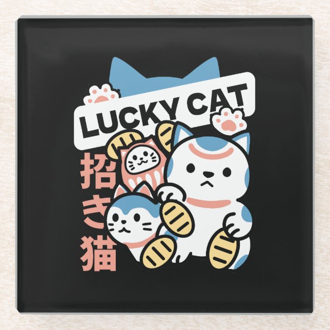 Lucky Cat Art – Maneki Neko with Gold Coin Glass Coaster (Front)