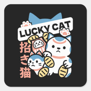 Lucky Cat Art – Maneki Neko with Gold Coin Square Sticker