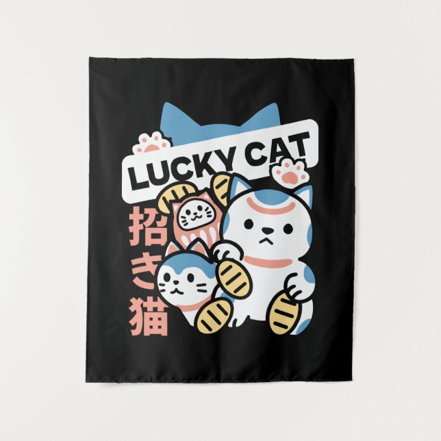 Lucky Cat Art – Maneki Neko with Gold Coin Tapestry (Front)