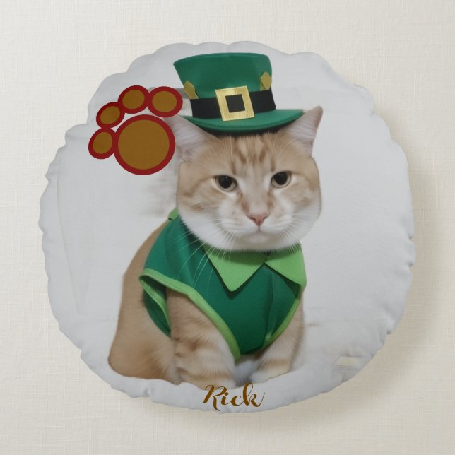 Lucky Cat Dressed as Leprechaun Round Pillow (Front)