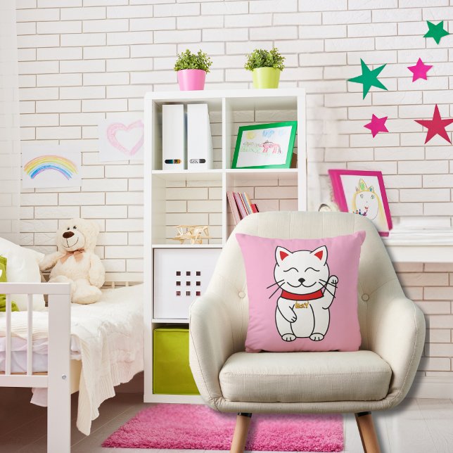 Lucky Cat for Cat Lovers Pink Throw Pillow  (Creator Uploaded)