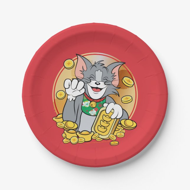 Lucky Cat Jerry With Gold Sycees Paper Plate (Front)