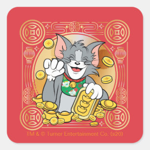 Lucky Cat Jerry With Gold Sycees Square Sticker