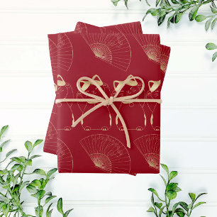 Lucky Cat Maneki Neko Asian Good Fortune Red Gold Wrapping Paper Sheet