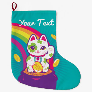 Lucky Cat Maneki Neko Good Luck Pot of Gold Large Christmas Stocking