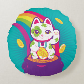 Lucky Cat Maneki Neko Good Luck Pot of Gold Round Cushion