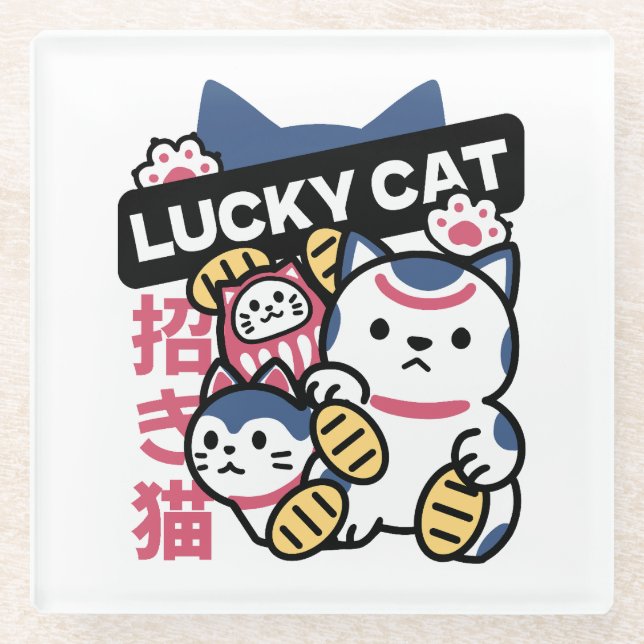 Lucky Cat Maneki Neko – Japanese Fortune Cat  Glass Coaster (Front)