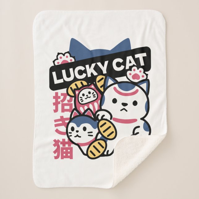 Lucky Cat Maneki Neko – Japanese Fortune Cat  Sherpa Blanket (Front)