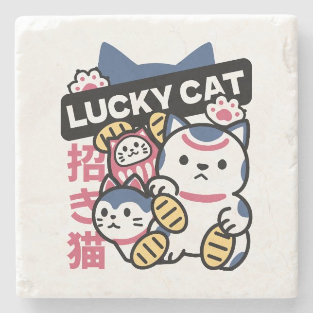 Lucky Cat Maneki Neko – Japanese Fortune Cat  Stone Coaster (Front)