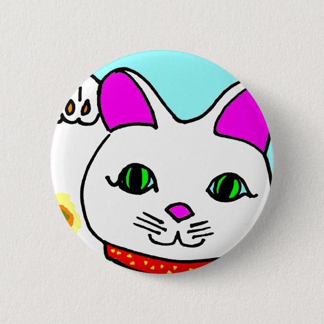 Lucky Cat Maneki Neko Kitty 6 Cm Round Badge (Front)