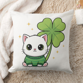 Lucky Cat Pillow - Kawaii Clover Design - Cute