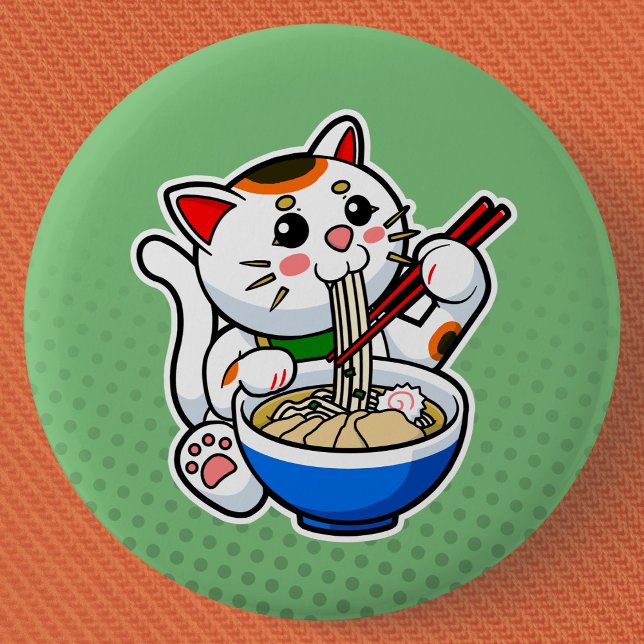 Lucky Cat Ramen 6 Cm Round Badge (Lucky Cat Ramen Can Badge- Detail View)