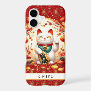 Lucky Cat With Gold Coins On Red Monogrammed