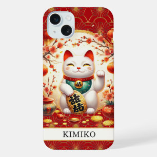 Lucky Cat With Gold Coins On Red Monogrammed iPhone 15 Plus Case