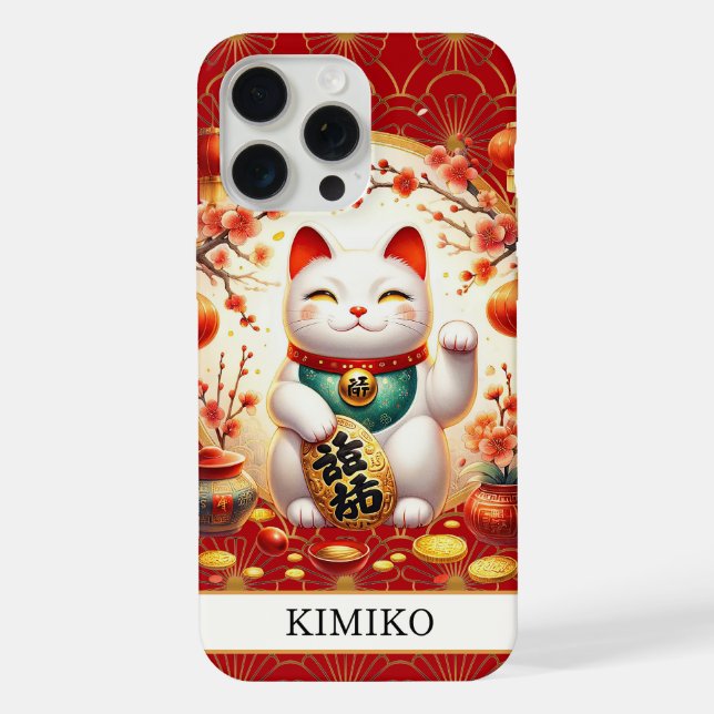 Lucky Cat With Gold Coins On Red Monogrammed iPhone Case (Back)