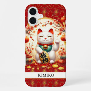 Lucky Cat With Gold Coins On Red Monogrammed iPhone 16 Plus Case