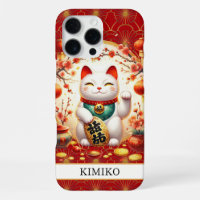 Lucky Cat With Gold Coins On Red Monogrammed
