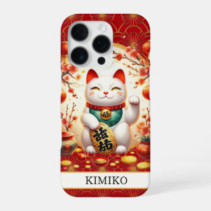 Lucky Cat With Gold Coins On Red Monogrammed iPhone 16 Pro Case