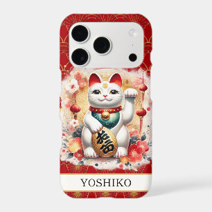 Lucky Cat With Red Flowers Monogrammed