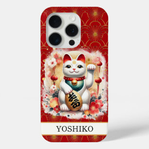 Lucky Cat With Red Flowers Monogrammed iPhone 15 Pro Case