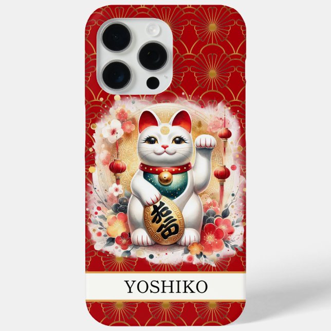 Lucky Cat With Red Flowers Monogrammed Case-Mate iPhone Case (Back)