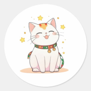 Lucky Cat with Stars Kawaii Design Classic Round Sticker