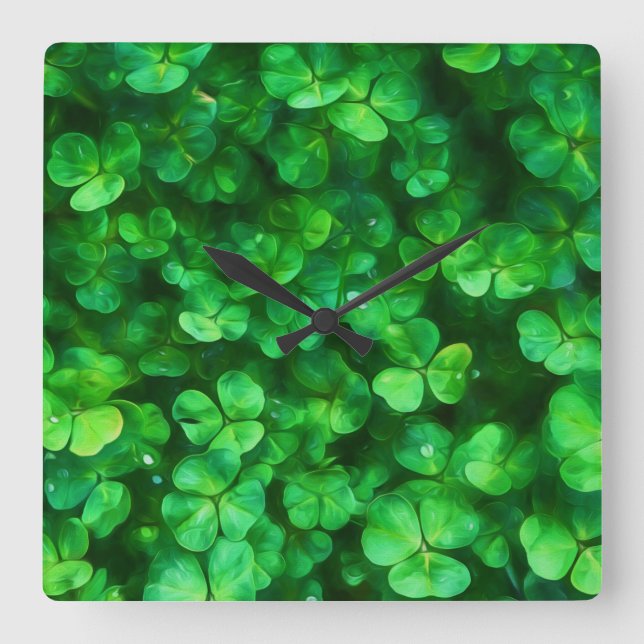 Lucky Celtic Irish Green Shamrocks Square Wall Clock (Front)