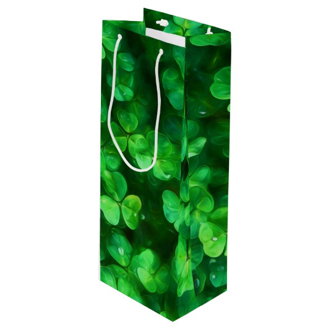 Lucky Celtic Irish Green Shamrocks Wine Gift Bag (Front Angled)