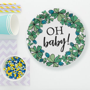 Lucky Charm Clover Oh Baby Boy Baby Shower Paper Plate
