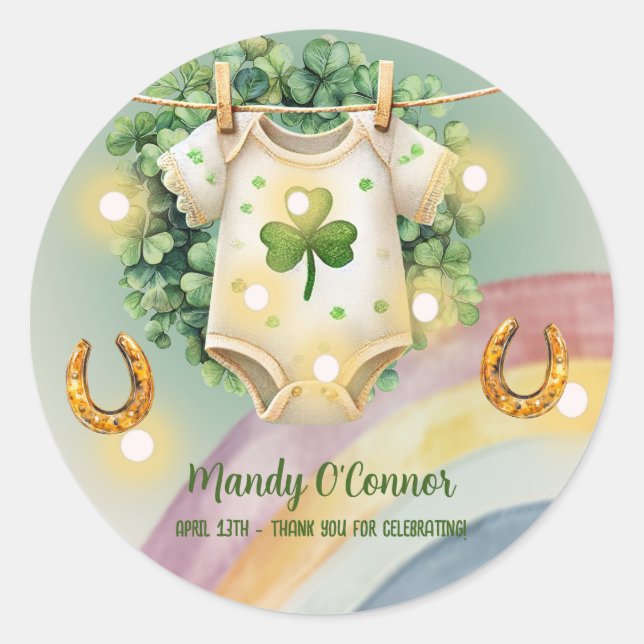 Lucky Charm Shamrock and Rainbow Baby Shower Classic Round Sticker (Front)