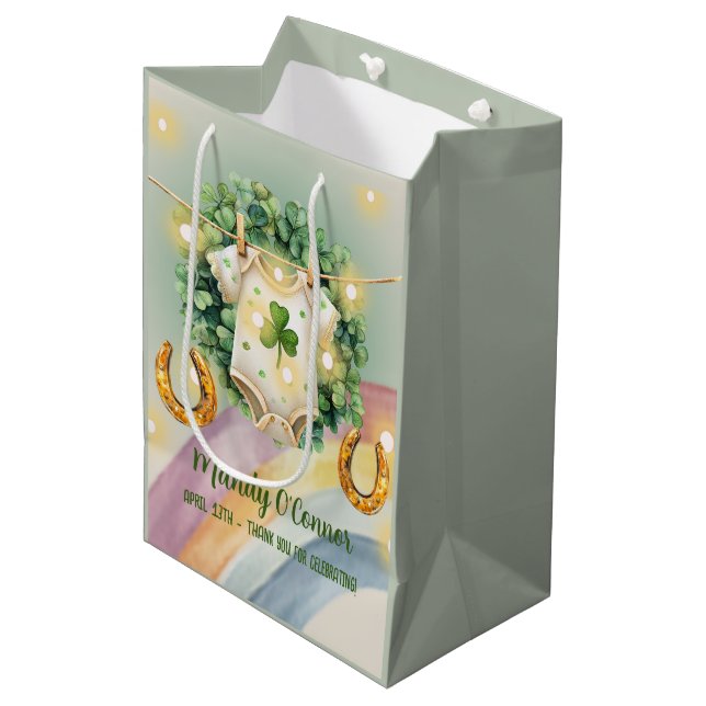 Lucky Charm Shamrock and Rainbow Baby Shower Medium Gift Bag (Front Angled)