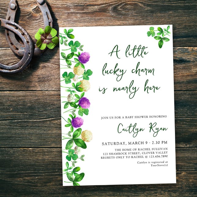 Lucky Charm Shamrocks and Clover Baby Shower Invitation (A little lucky charm is nearly here - irish themed gender neutral baby shower invitation)