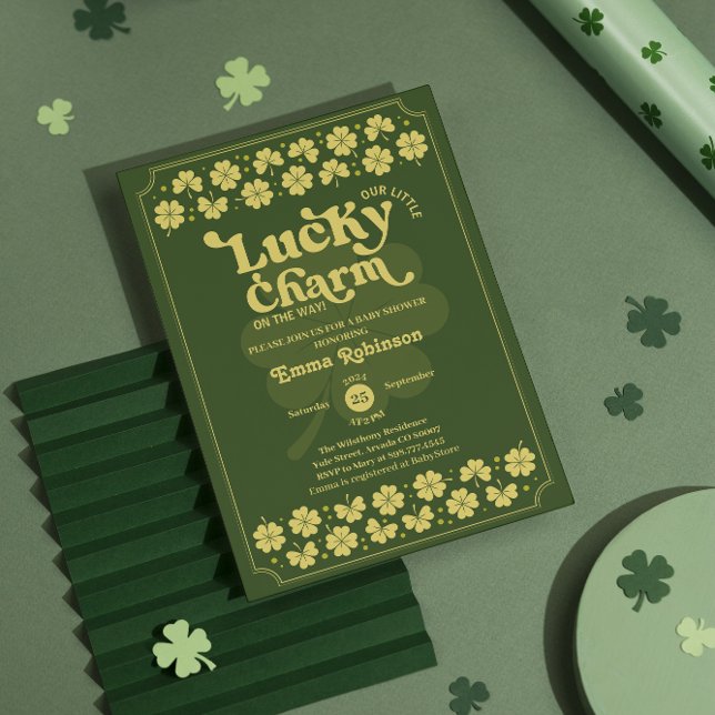 Lucky Charm st Patrick's day baby shower Invitation (st Patrick's day baby shower Invitation leprechaun green modern lucky little shamrock four leaves)
