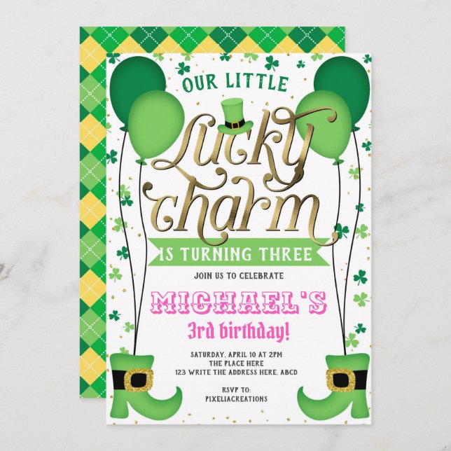 Lucky Charm, St Patrick's Day, Girl Birthday Invitation (Front/Back)