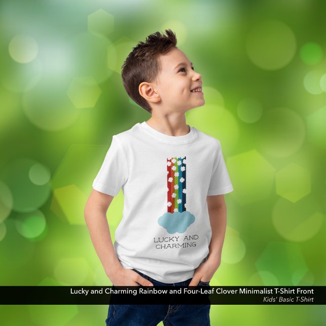 Lucky & Charming Rainbow 4-Leaf Clover Minimalist T-Shirt (Lucky & Charming, Kid's Basic T-Shirt with a Rainbow and Four-Leaf Clover Minimalist Design.)