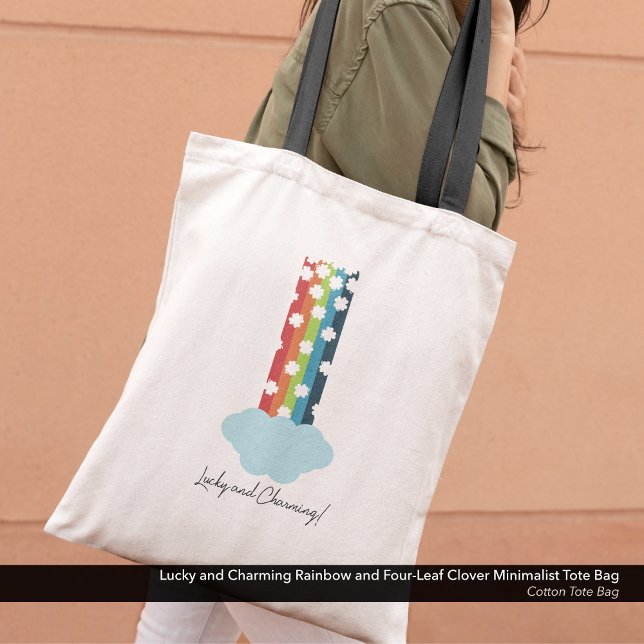 Lucky & Charming Rainbow 4-Leaf Clover Minimalist Tote Bag (Lucky and Charming Minimalist Tote Bag with a Rainbow and Four-Leaf Clover Design. )