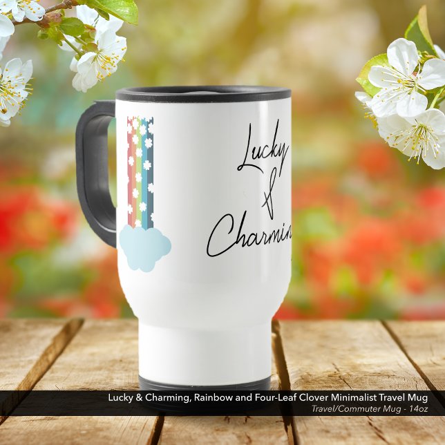 Lucky & Charming Rainbow 4-Leaf Clover Minimalist Travel Mug (Lucky & Charming, Travel Mug with Rainbow and Four-Leaf Clover Minimalist Design)