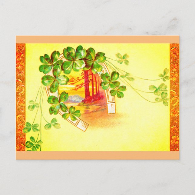 Lucky clover and horseshoe vintage art postcard (Front)