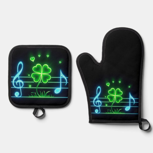  Lucky Clover and Music Notes Oven Mitt & Pot Holder Set (Front)