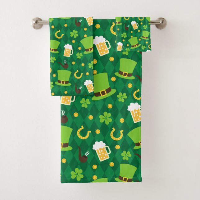 Lucky Clover Beer Horseshoe Irish St Patrick  Bath Towel Set (Insitu)