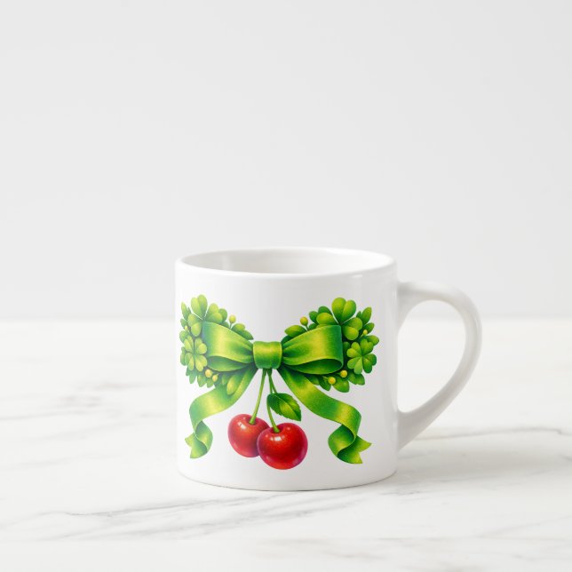 Lucky Clover Bow with Cherries Green Design Espresso Cup (Right)