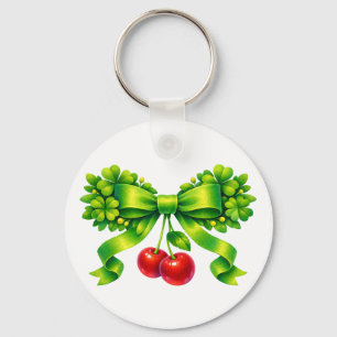 Lucky Clover Bow with Cherries Green Design Key Ring
