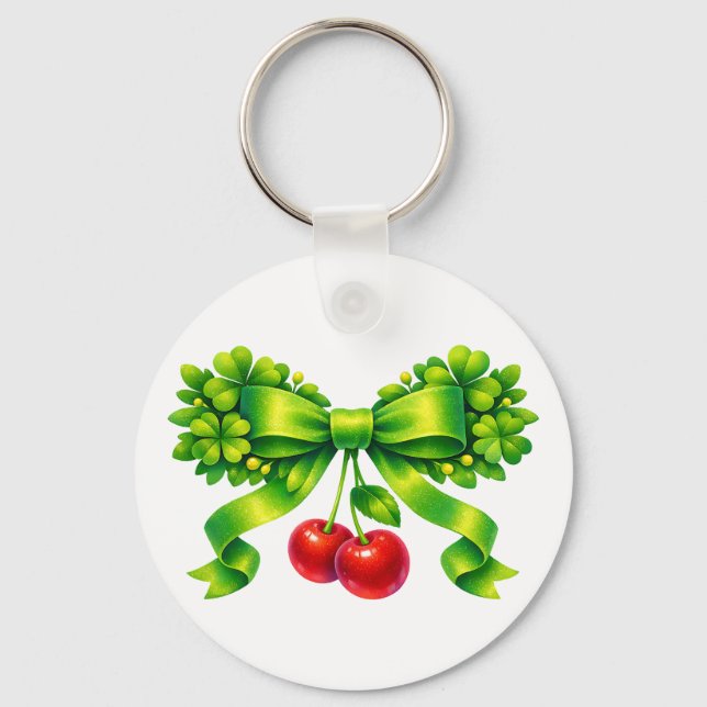 Lucky Clover Bow with Cherries Green Design Key Ring (Front)