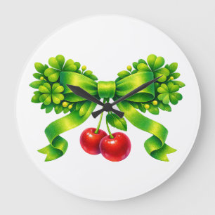 Lucky Clover Bow with Cherries Green Design Large Clock