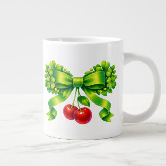 Lucky Clover Bow with Cherries Green Design Large Coffee Mug