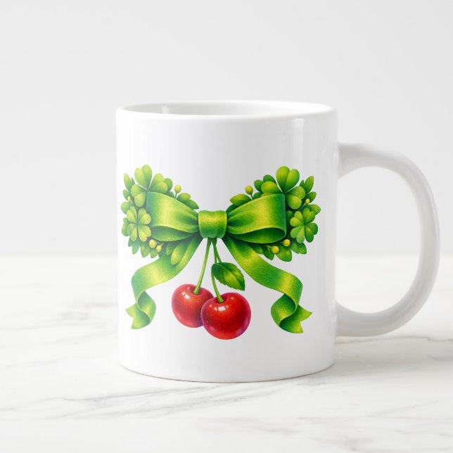 Lucky Clover Bow with Cherries Green Design Large Coffee Mug (Right)